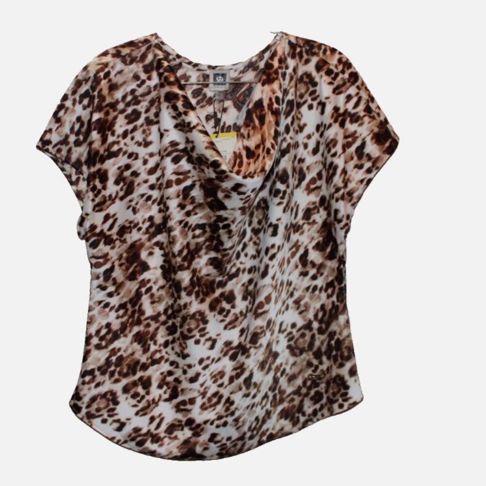 Leopard Print Top Blouse Anne Klein NWT Drape Neck Tank Sz M Cap Sleeves Brown
